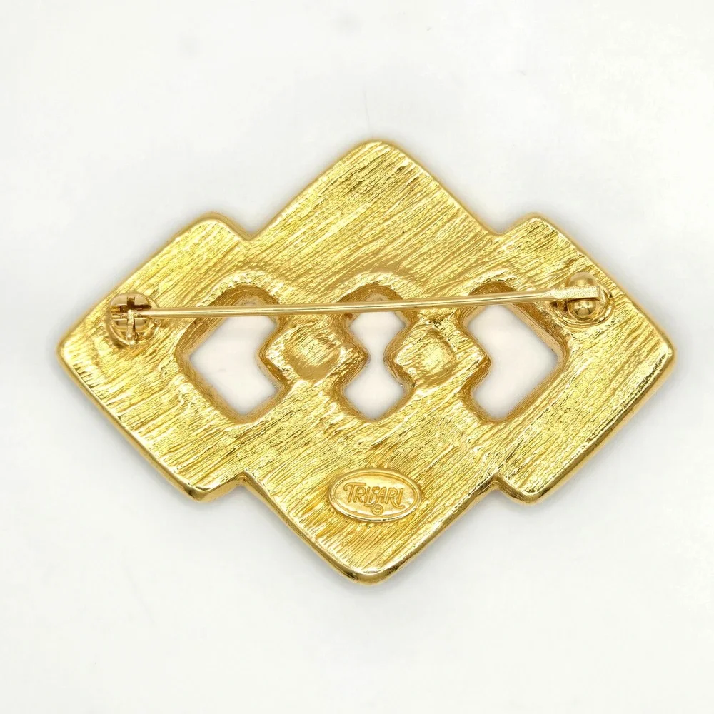 Trifari Vintage Brooch Gold Tone Black Enamel Rhinestone Geometric Pin Art Deco‎